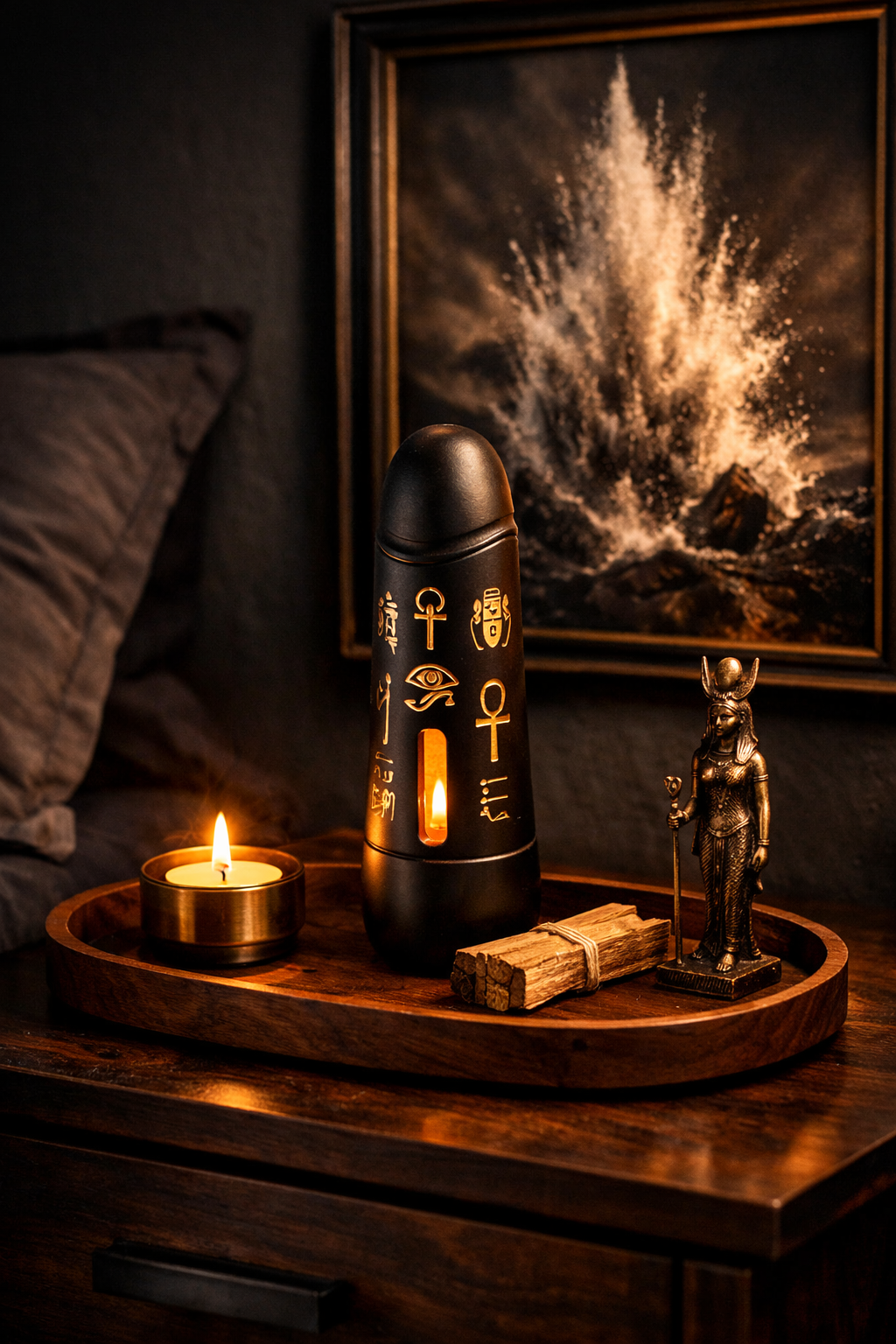 Sacred Egyptian altar with ritual device on a nightstand — matte black phallic device with gold hieroglyphic engravings, tealight, palo santo, and bronze figurine on a walnut ritual tray